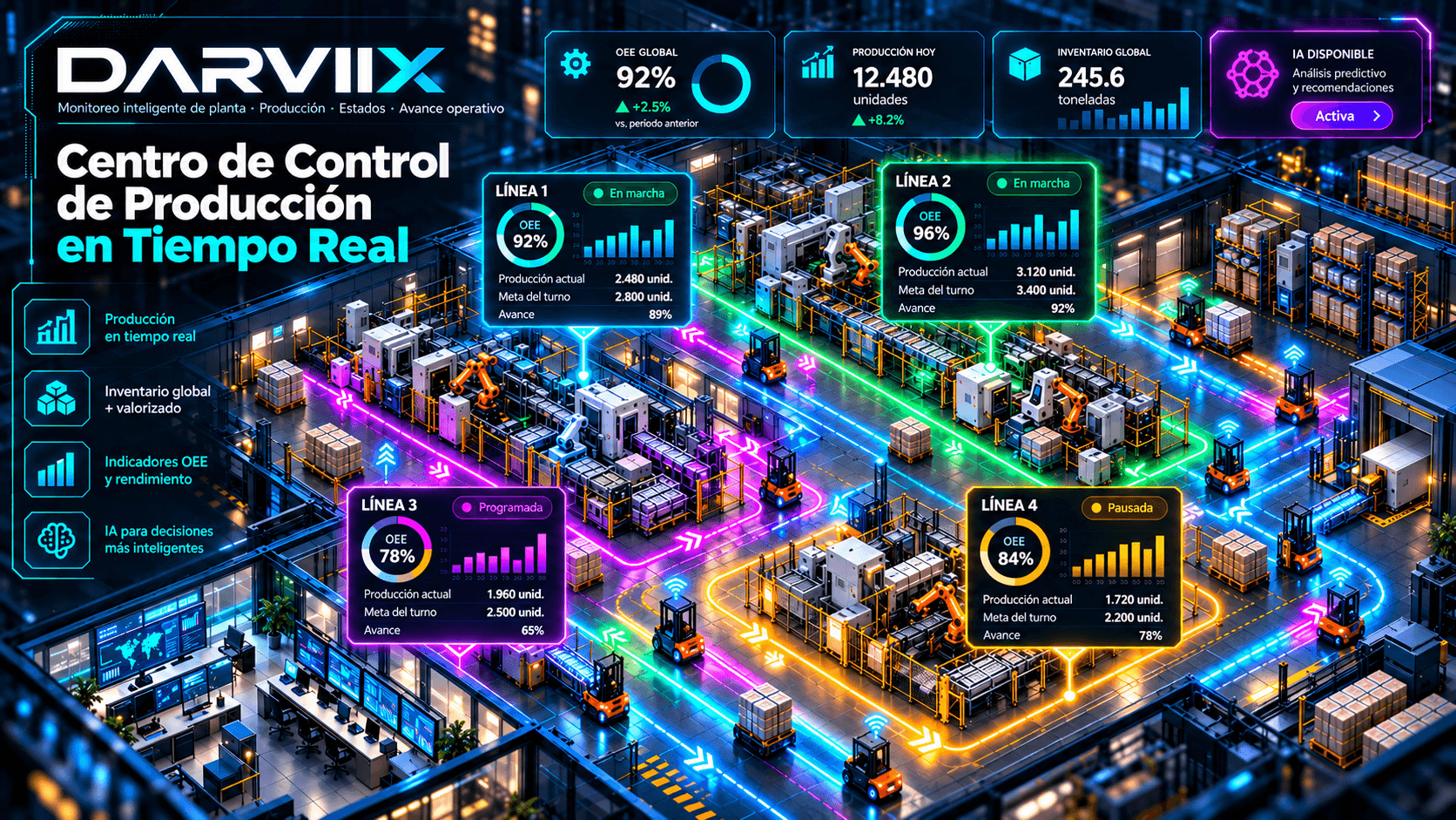 Centro de control DARVIIX con producción, inventario, indicadores OEE y flujos operativos en tiempo real